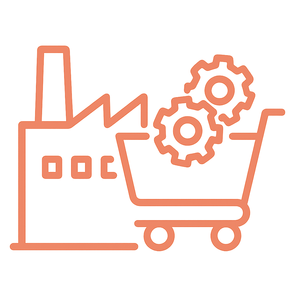 icona che rappresentza industria e commercio. Carrello + rotelle meccanismo + siluette di industria