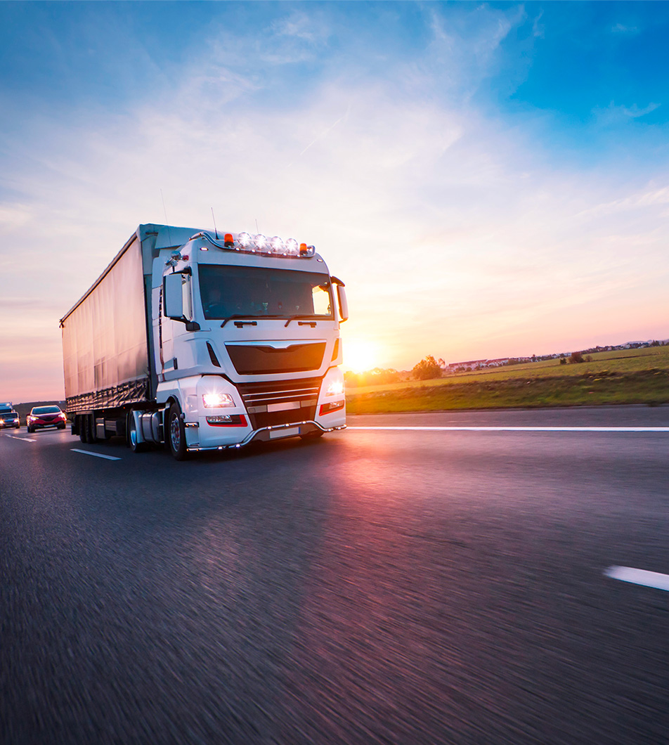 Immagine di un camion in movimento su una strada statale nelle prime ore del giorno