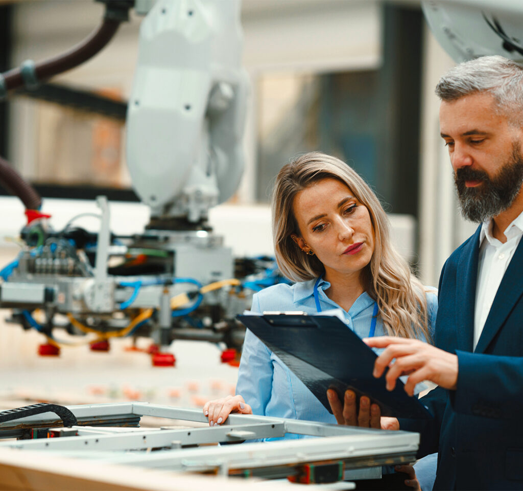 Colleghi che lavorano all'interno di una fabbrica controllano alcuni dati. Sullo sfondo si vedono dei macchinari.