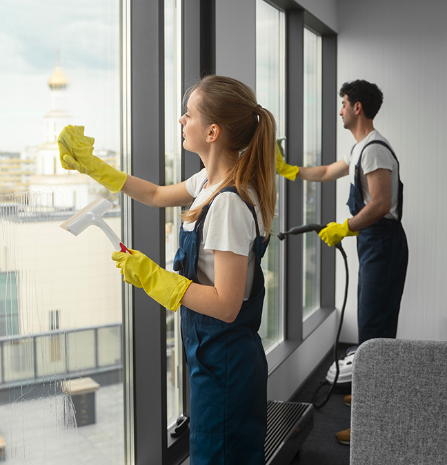 Ragazza e ragazzo lavorano come addetti alle pulizie, sono vestiti con divisa blu e guanti gialli, stanno lavando i vetri di un ambiente con vetrate.  